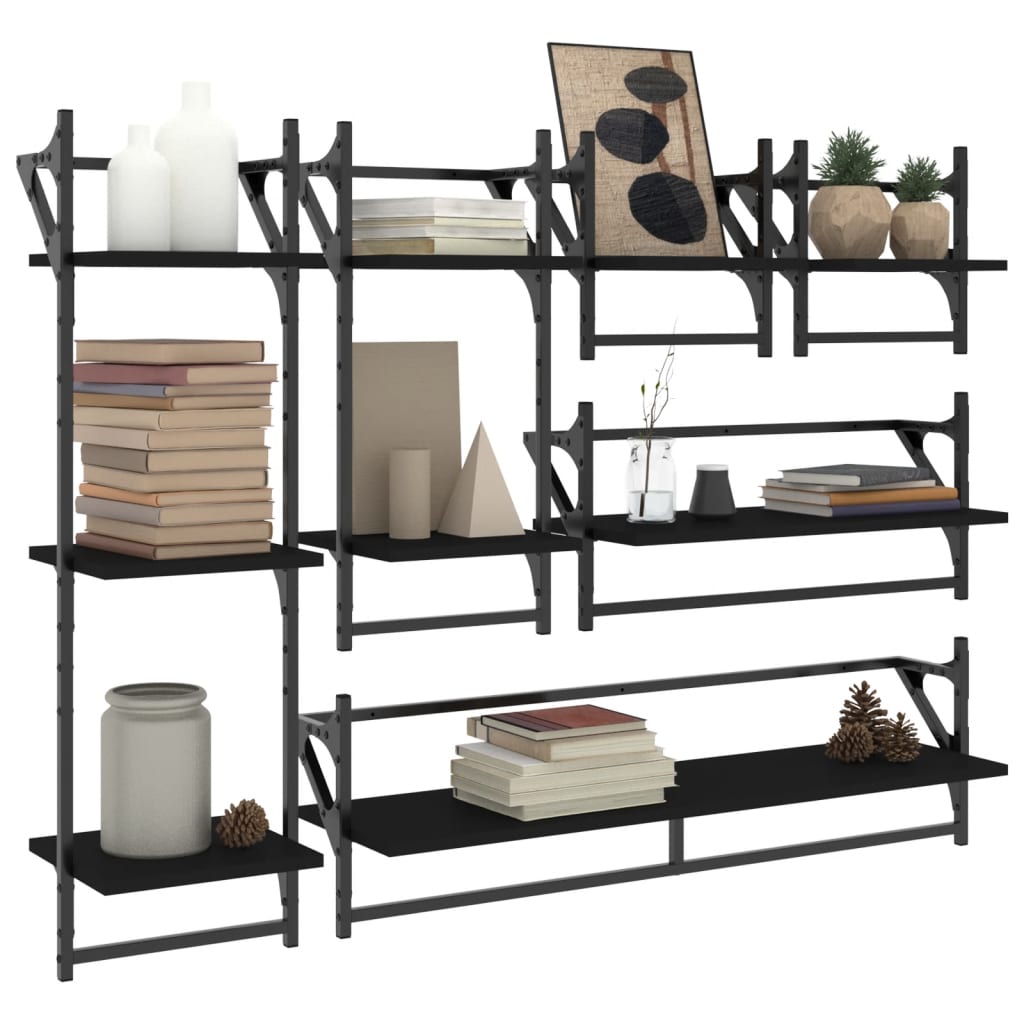 Set rafturi de perete cu bare, 6 buc., negru, lemn GartenMobel Dekor