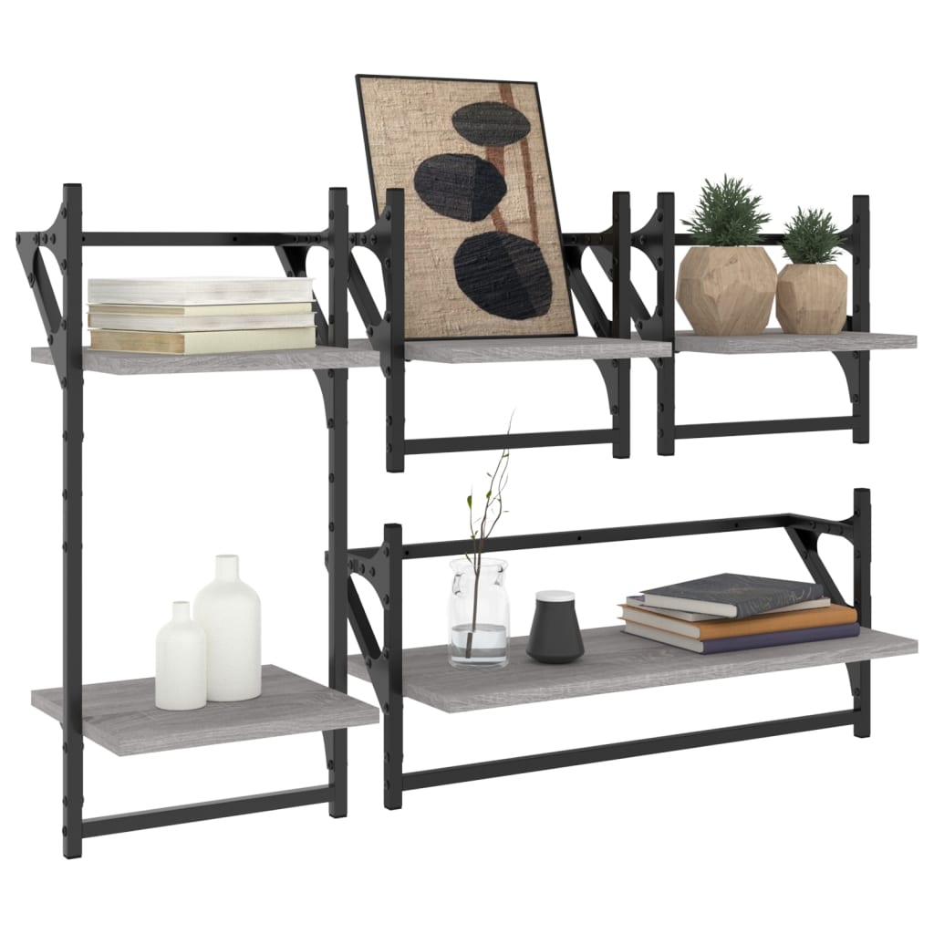 Set rafturi perete cu bare, 4 buc., gri sonoma, lemn prelucrat GartenMobel Dekor