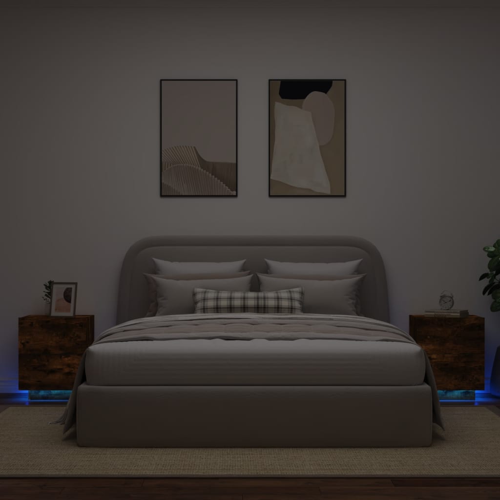 Noptiere cu lumini LED, 2 buc., stejar fumuriu, lemn prelucrat GartenMobel Dekor