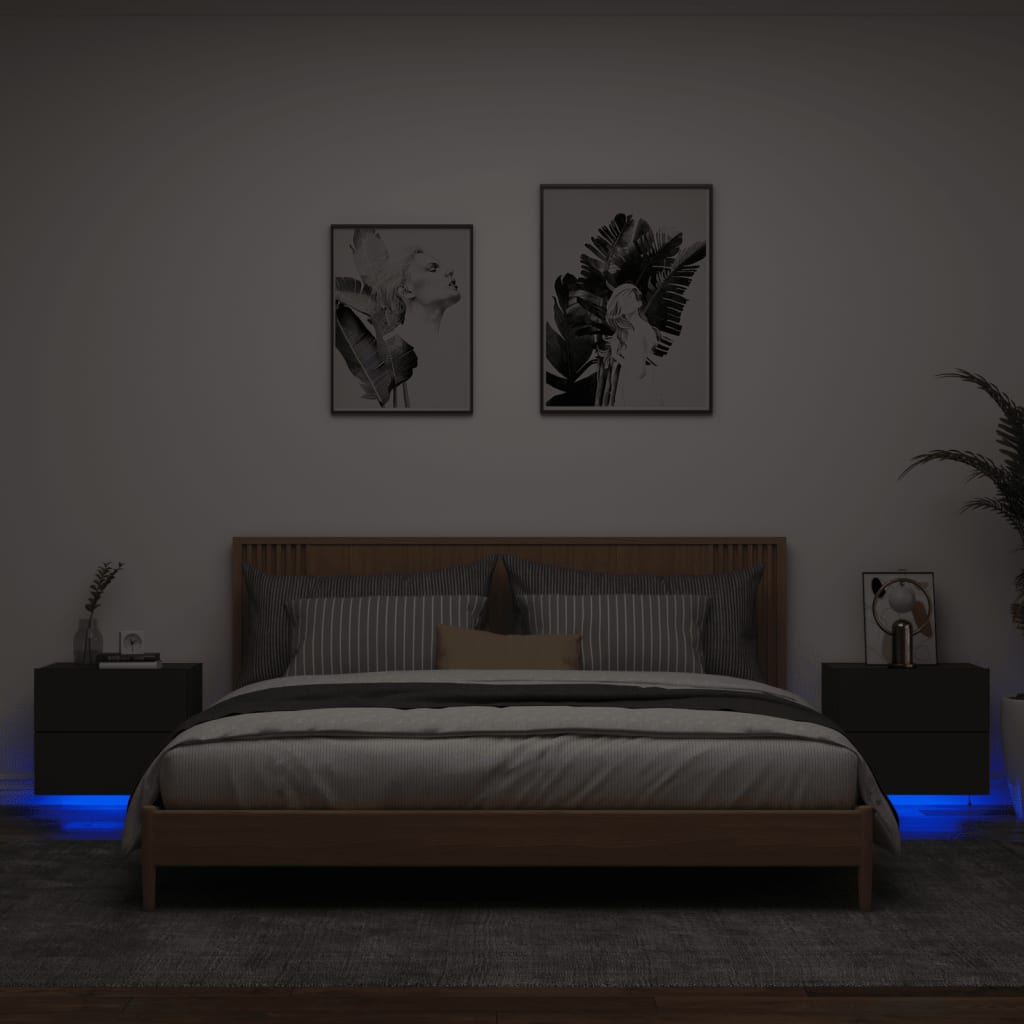 Noptiere montate pe perete cu lumini LED, 2 buc., negru GartenMobel Dekor