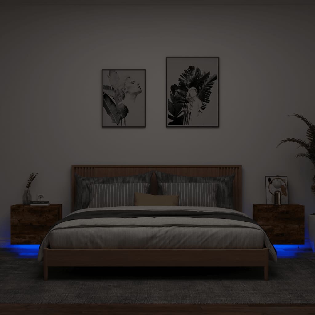 Noptiere montate pe perete cu lumini LED, 2 buc.,stejar fumuriu GartenMobel Dekor
