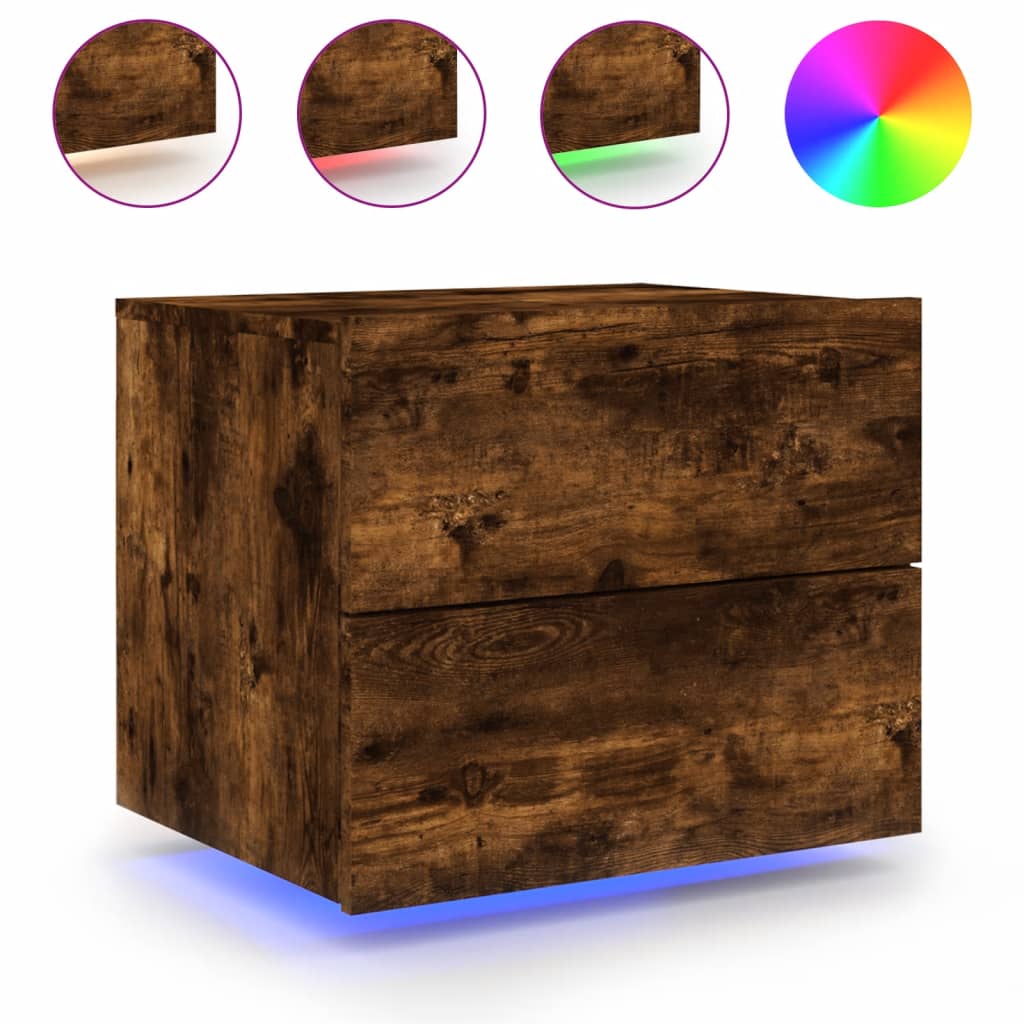 Noptiere montate pe perete cu lumini LED, 2 buc.,stejar fumuriu GartenMobel Dekor