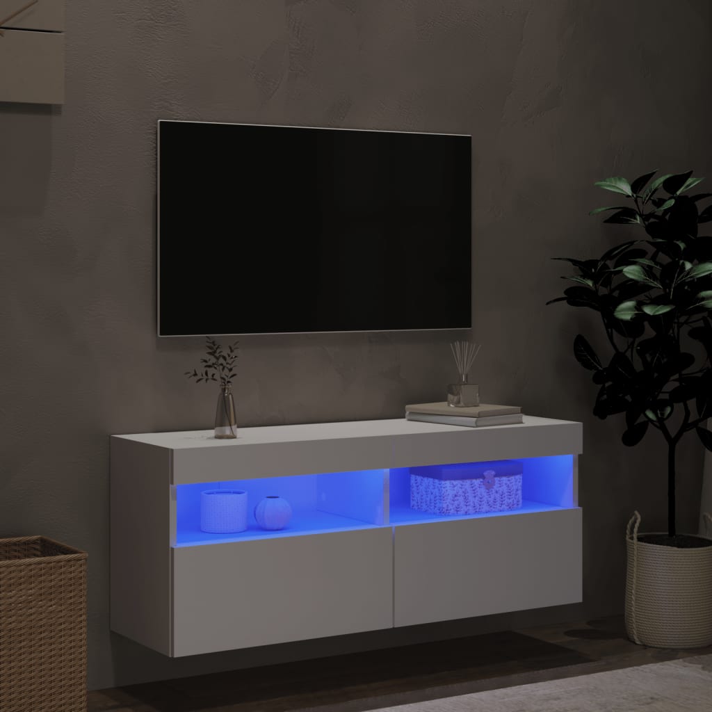 Comodă TV de perete cu lumini LED, alb, 100x30x40 cm GartenMobel Dekor