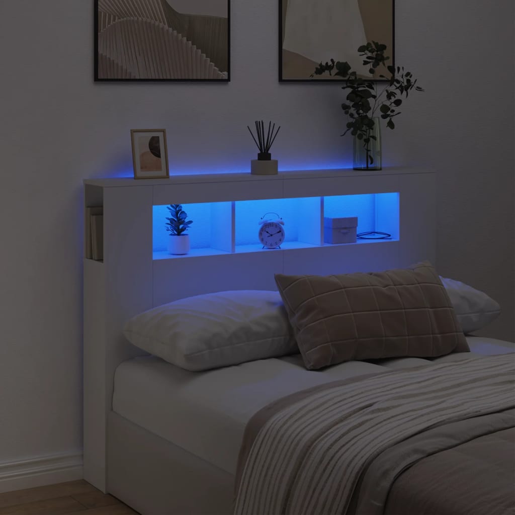 Tăblie de pat cu LED, alb, 140x18,5x103,5 cm, lemn GartenMobel Dekor