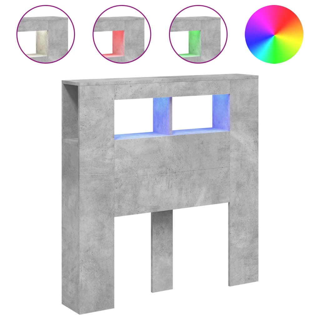 Tăblie de pat cu LED, gri beton, 100x18,5x103,5 cm, lemn GartenMobel Dekor