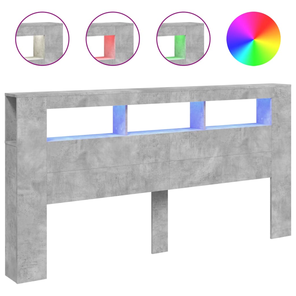 Tăblie de pat cu LED, gri beton, 200x18,5x103,5 cm, lemn GartenMobel Dekor