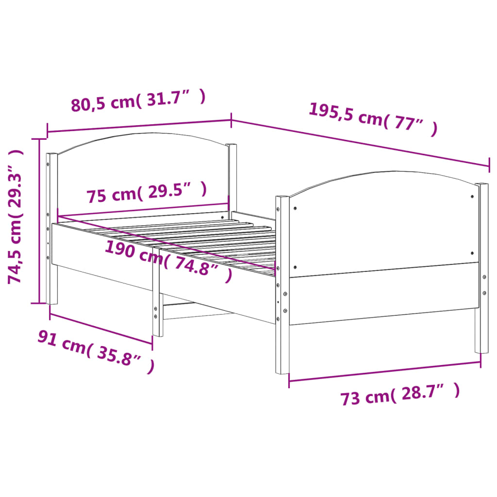 Cadru de pat cu tăblie, maro ceruit, 75x190 cm, lemn masiv pin GartenMobel Dekor