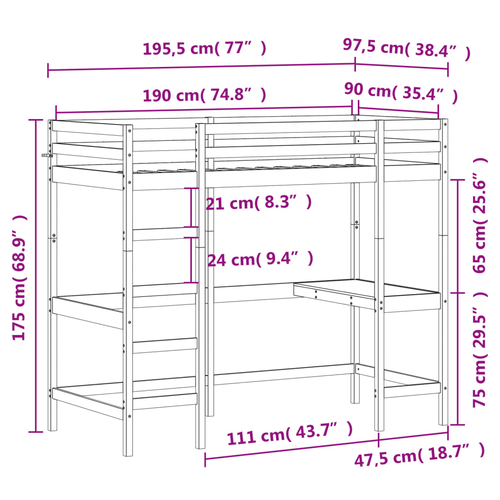 Cadru pat supraetajat cu birou, alb, 90x190 cm, lemn masiv pin GartenMobel Dekor