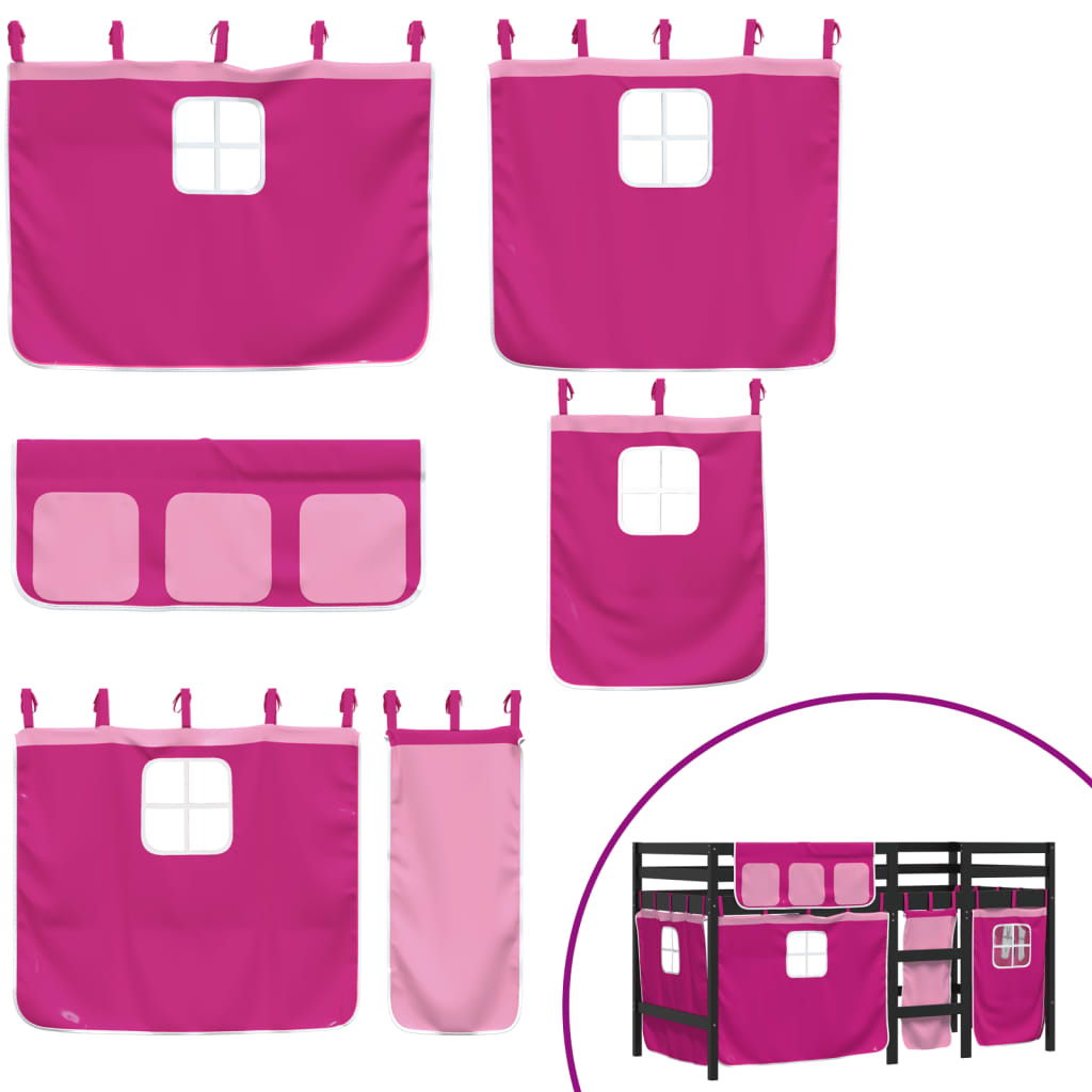 Pat etajat de copii cu perdele, roz, 90x200 cm, lemn masiv pin GartenMobel Dekor