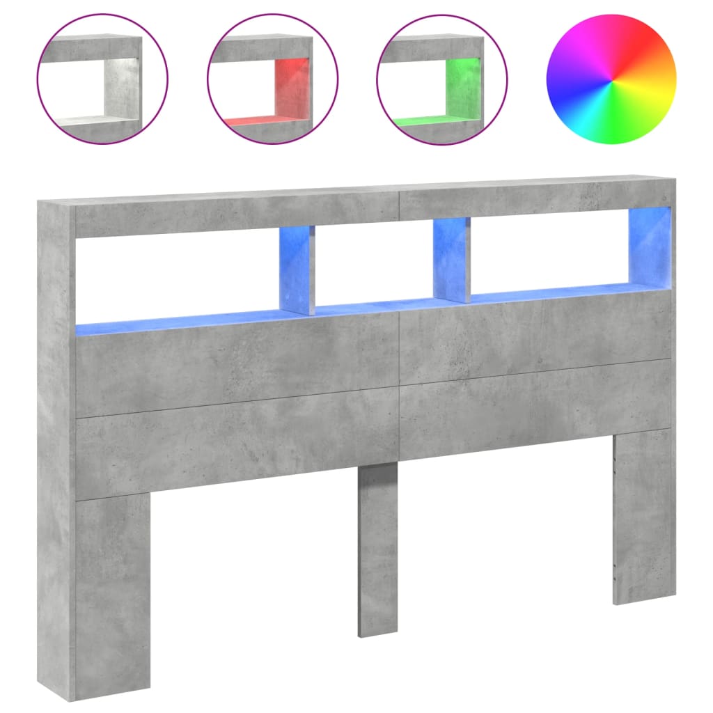 Tăblie de pat cu dulap și LED, gri beton, 160x17x102 cm GartenMobel Dekor