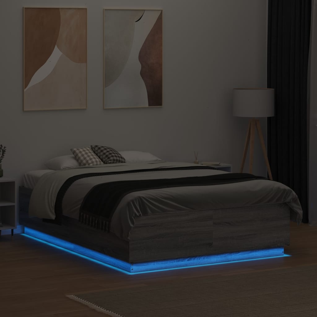 Cadru de pat cu LED, gri sonoma, 135x190 cm, lemn prelucrat GartenMobel Dekor
