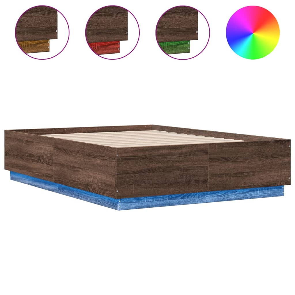 Cadru de pat cu LED, stejar maro, 135x190 cm, lemn prelucrat GartenMobel Dekor