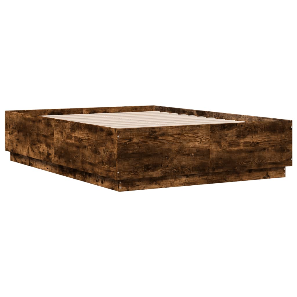 Cadru de pat cu LED stejar fumuriu 135x190 cm lemn prelucrat GartenMobel Dekor