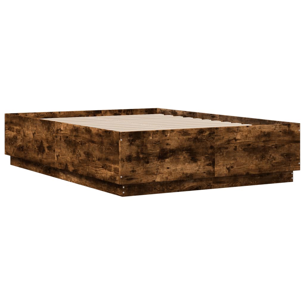 Cadru de pat cu LED stejar fumuriu 135x190 cm lemn prelucrat GartenMobel Dekor