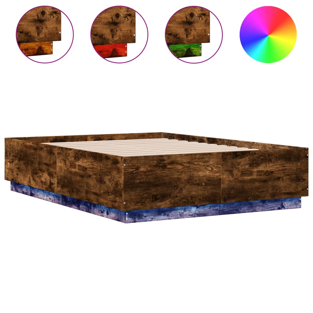Cadru de pat cu LED stejar fumuriu 135x190 cm lemn prelucrat GartenMobel Dekor