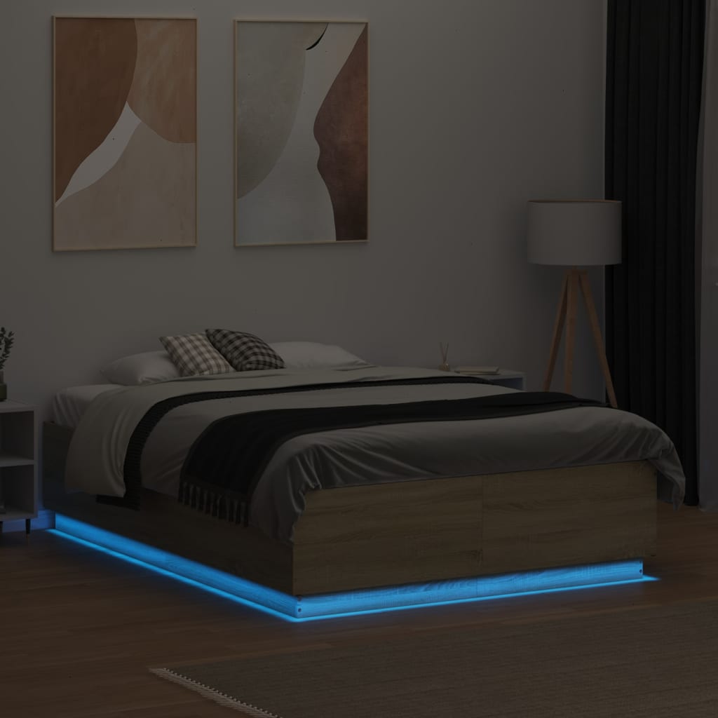Cadru de pat cu LED stejar sonoma 135x190 cm lemn prelucrat GartenMobel Dekor