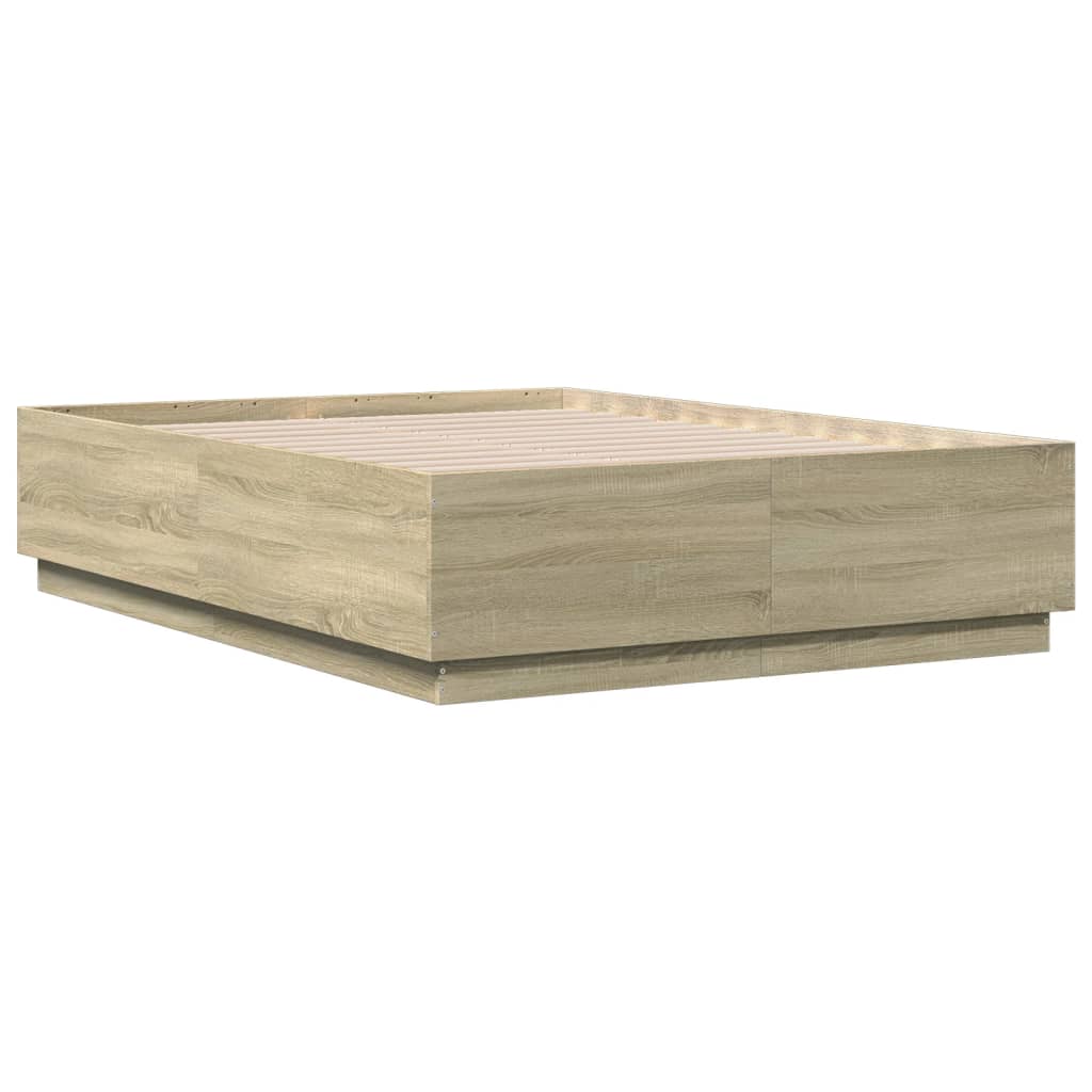 Cadru de pat cu LED stejar sonoma 135x190 cm lemn prelucrat GartenMobel Dekor