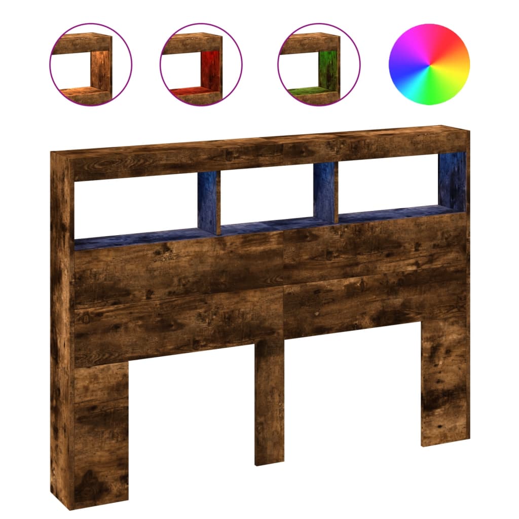 Tăblie de pat cu dulap și LED, stejar fumuriu, 140x17x102 cm GartenMobel Dekor