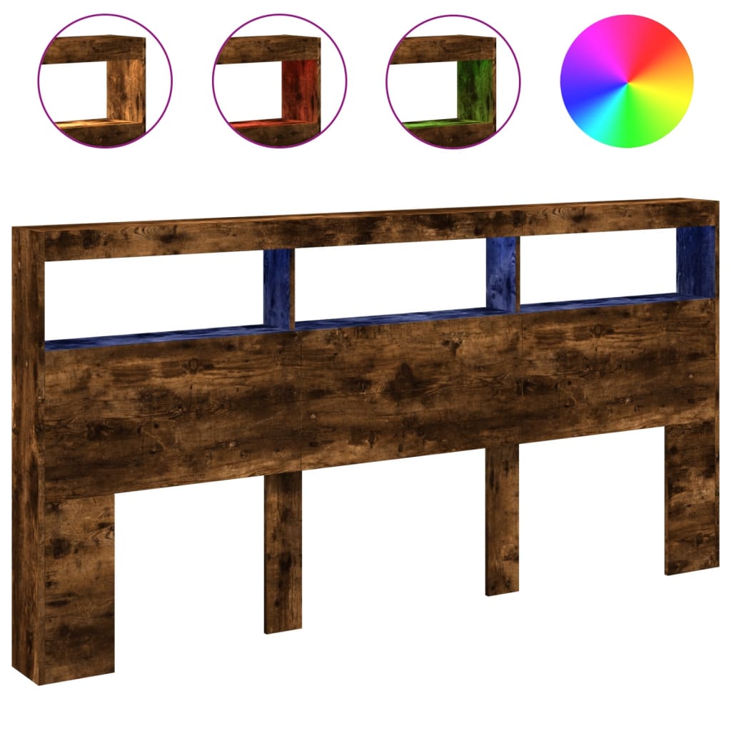 Tăblie de pat cu dulap și LED, stejar fumuriu, 200x17x102 cm GartenMobel Dekor