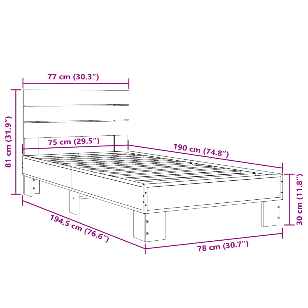 Cadru de pat, gri sonoma, 75x190 cm, lemn prelucrat și metal GartenMobel Dekor