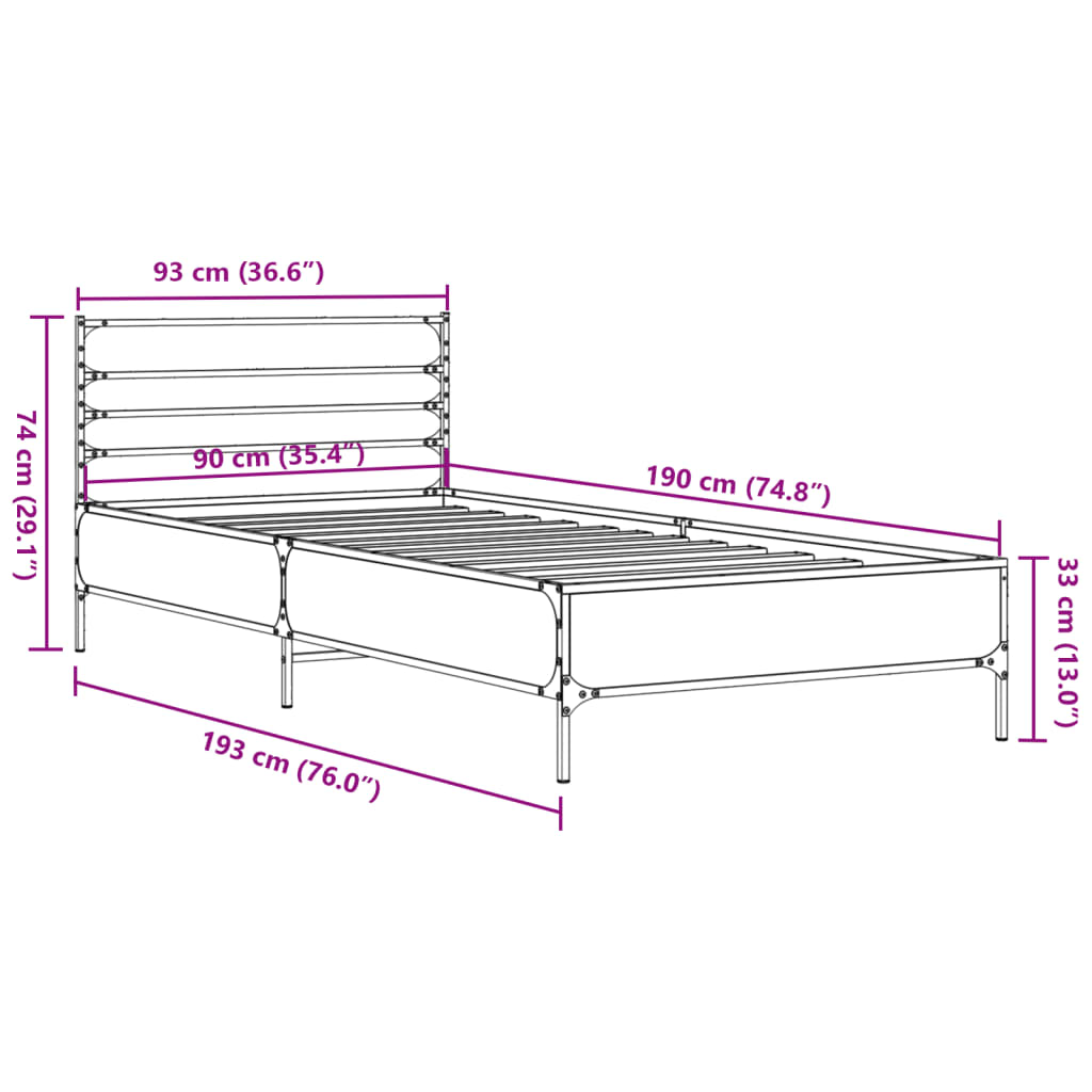 Cadru de pat, stejar fumuriu, 90x190cm, lemn prelucrat și metal GartenMobel Dekor
