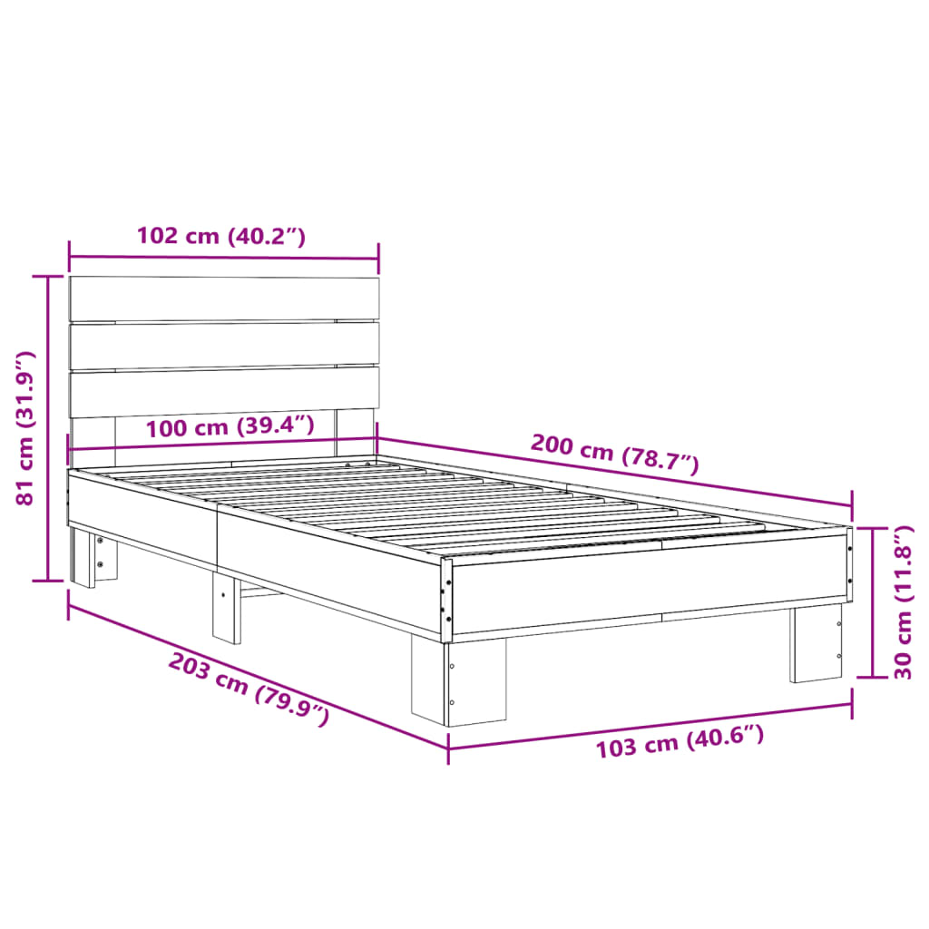 Cadru de pat, stejar fumuriu 100x200 cm lemn prelucrat și metal GartenMobel Dekor