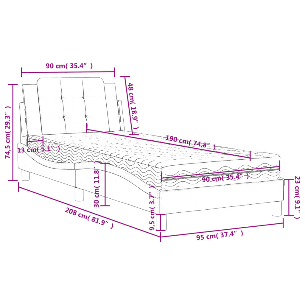 Pat cu saltea, gri, 90x190 cm, piele ecologică GartenMobel Dekor