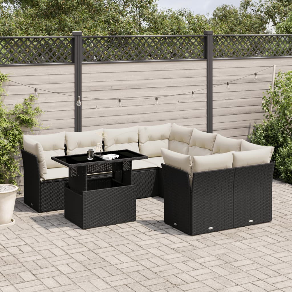 Set mobilier de grădină cu perne, 9 piese, negru, poliratan GartenMobel Dekor