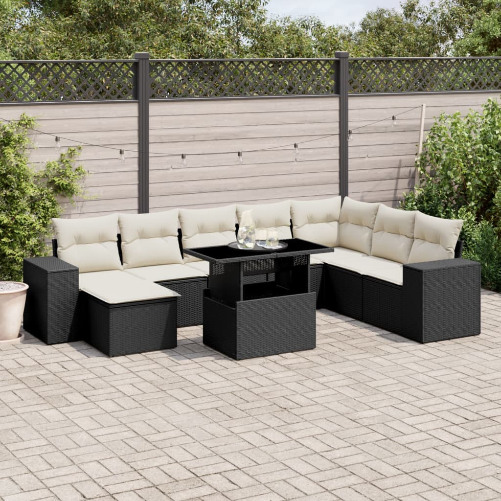 Set mobilier de grădină cu perne, 9 piese, negru, poliratan GartenMobel Dekor