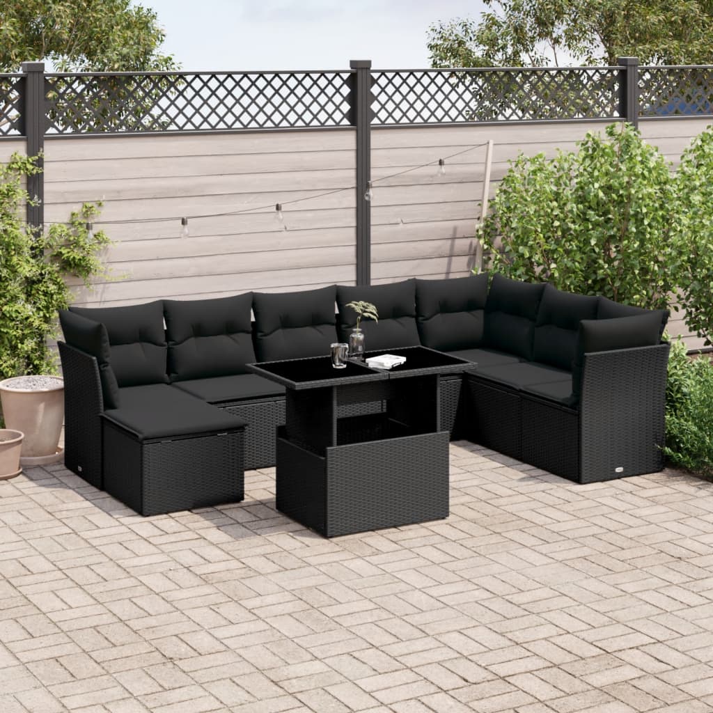 Set mobilier de grădină cu perne, 9 piese, negru, poliratan GartenMobel Dekor