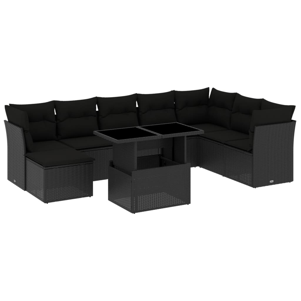Set mobilier de grădină cu perne, 9 piese, negru, poliratan GartenMobel Dekor