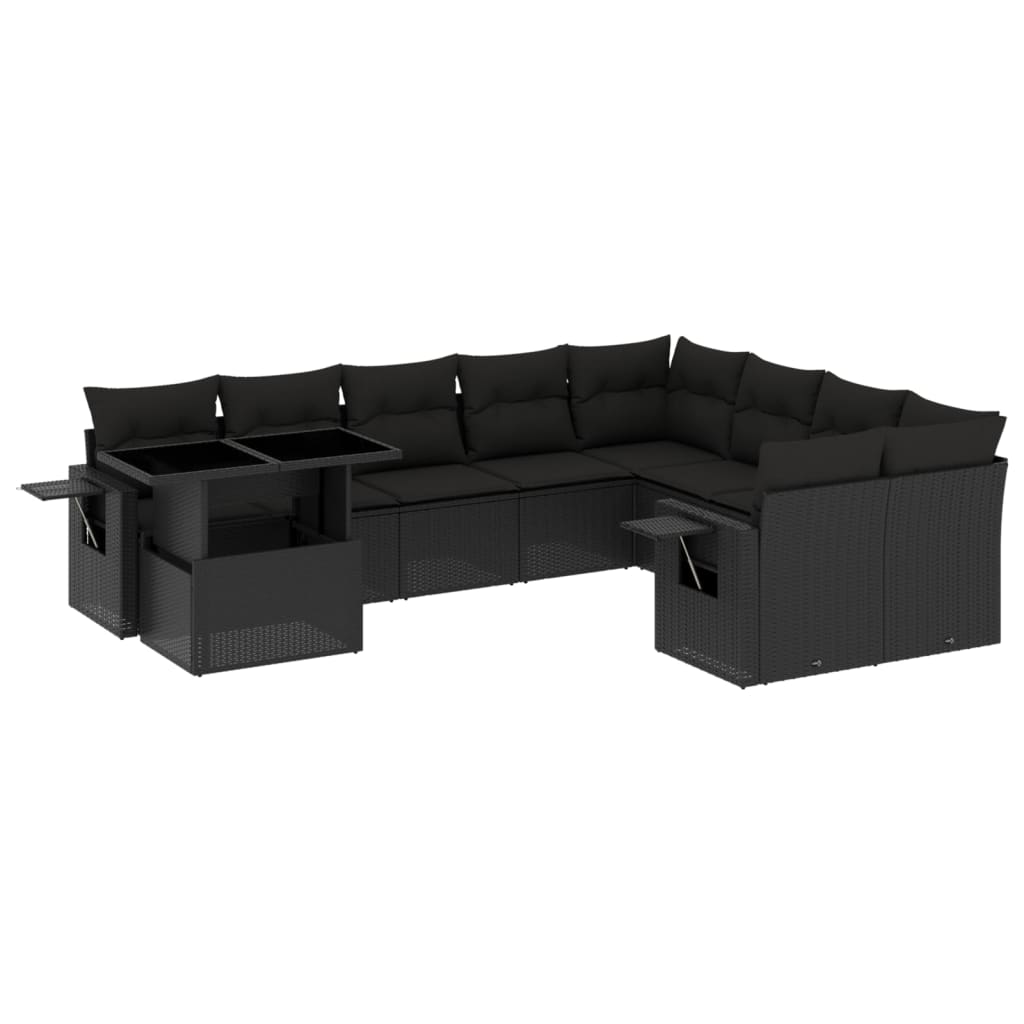 Set canapele de grădină cu perne, 10 piese, negru, poliratan GartenMobel Dekor