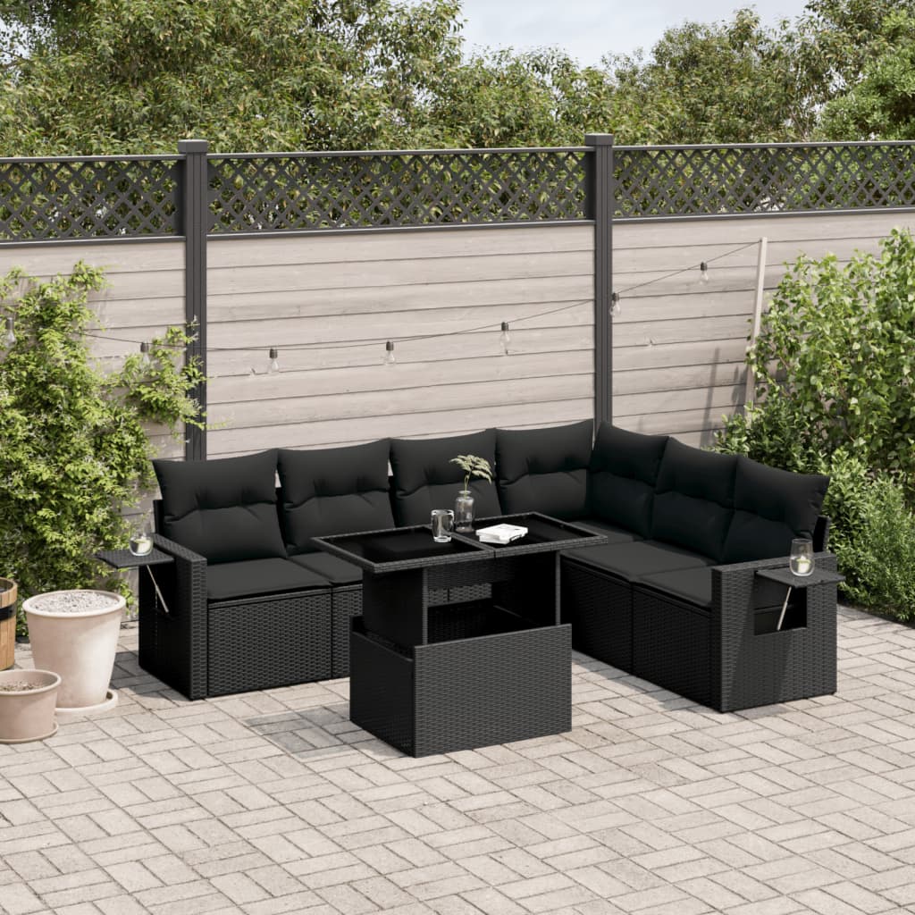 Set canapele de grădină cu perne, 7 piese, negru, poliratan GartenMobel Dekor