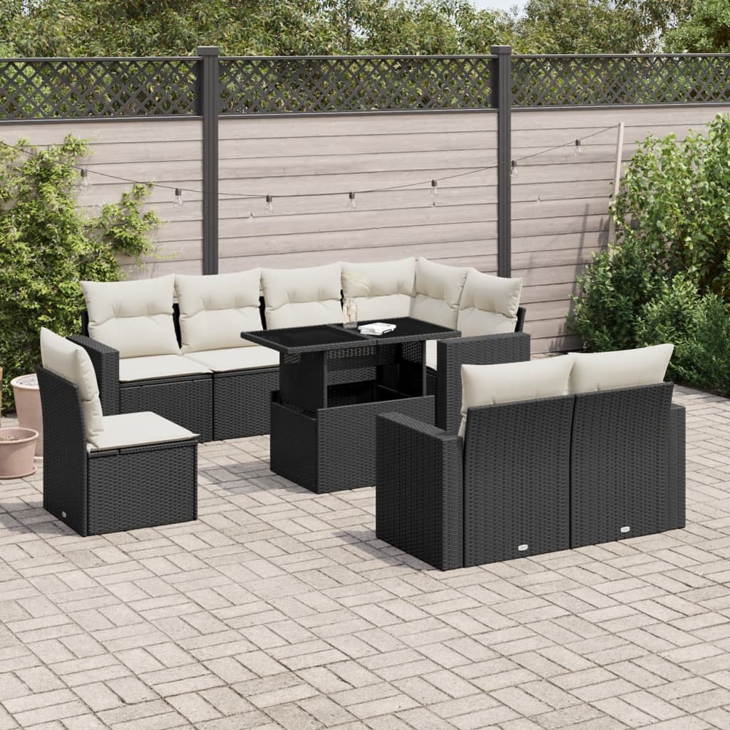 Set mobilier de grădină cu perne, 9 piese, negru, poliratan GartenMobel Dekor