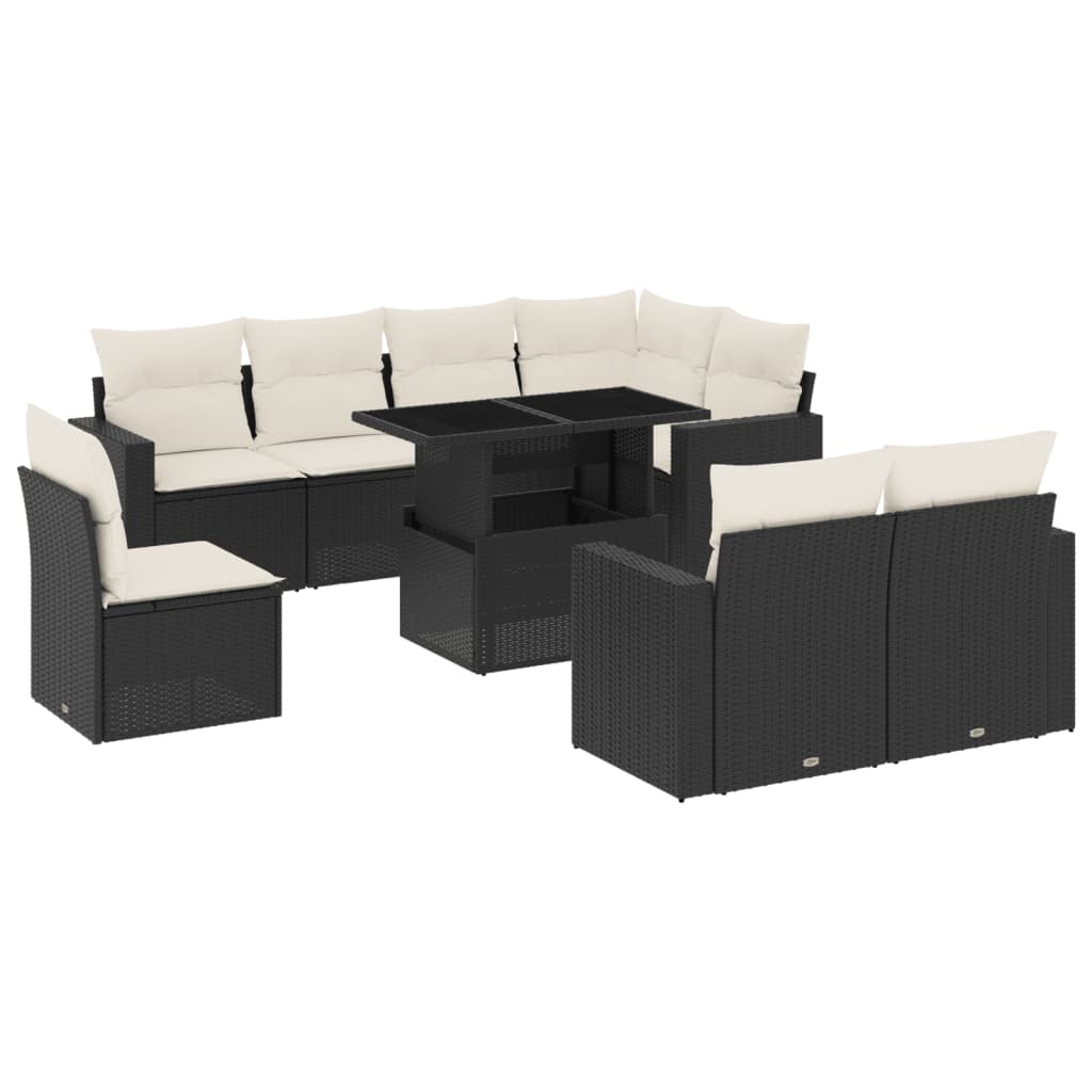 Set mobilier de grădină cu perne, 9 piese, negru, poliratan GartenMobel Dekor