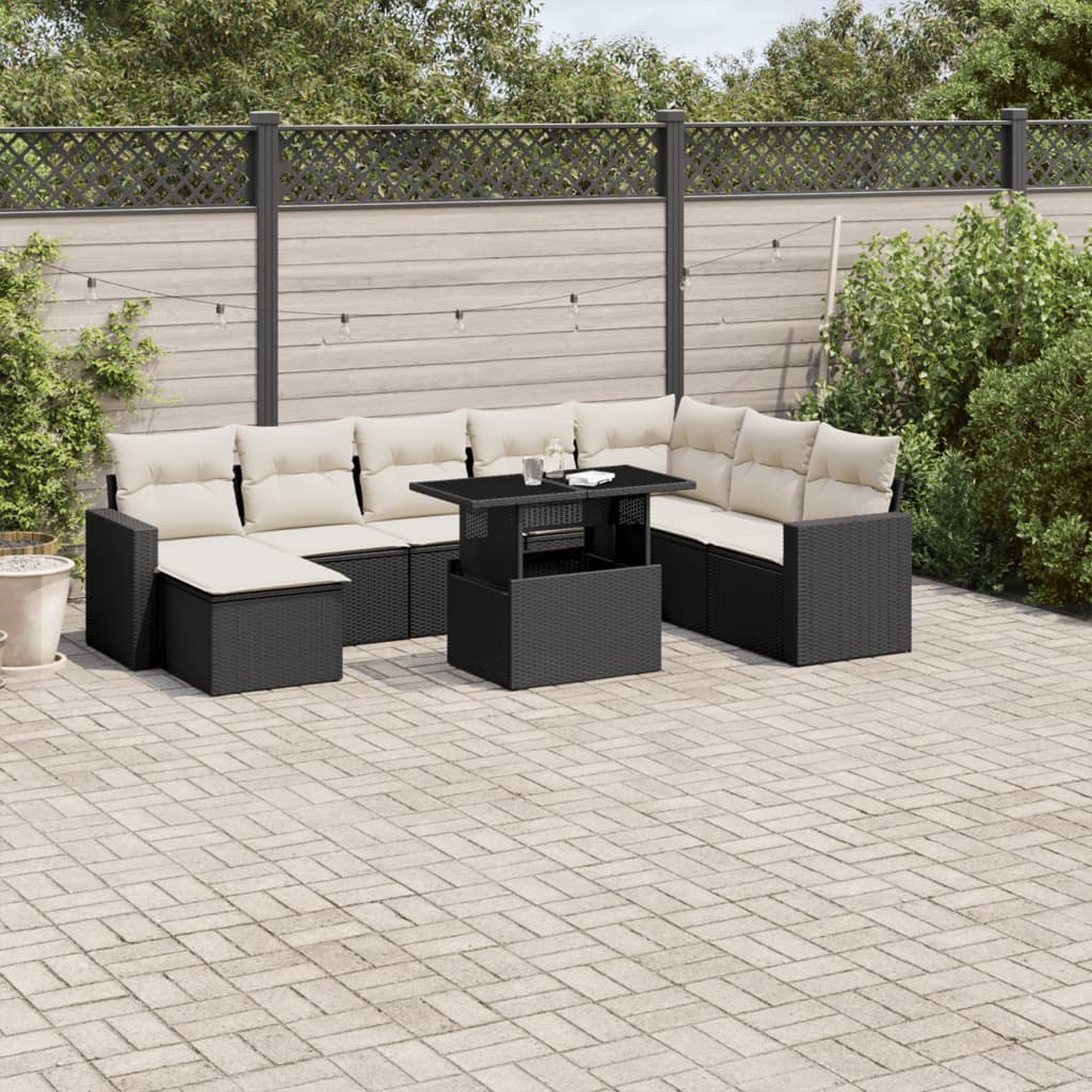 Set mobilier de grădină cu perne, 9 piese, negru, poliratan GartenMobel Dekor