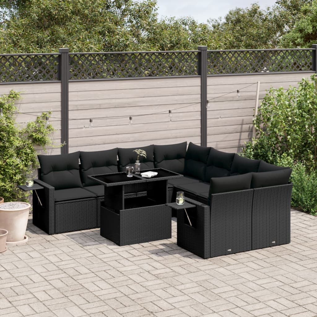 Set mobilier de grădină cu perne, 9 piese, negru, poliratan GartenMobel Dekor
