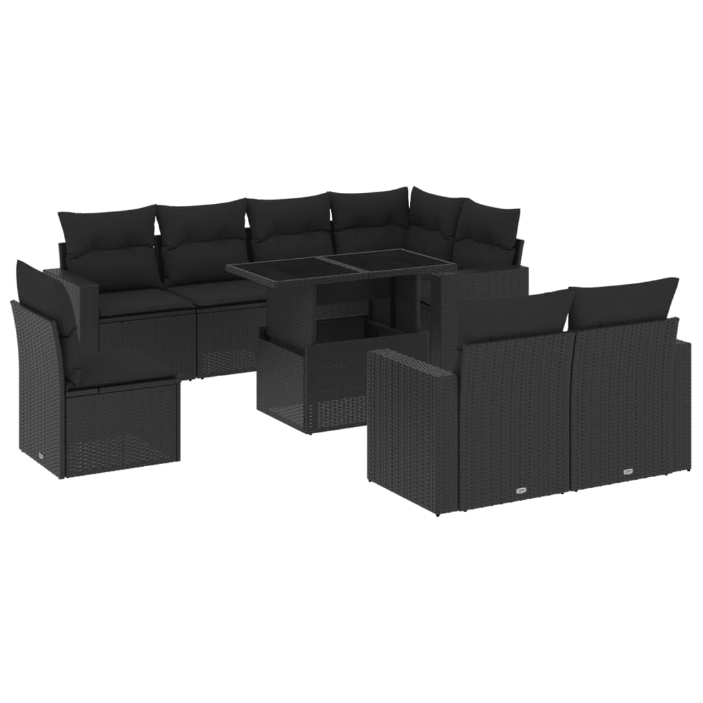 Set mobilier de grădină cu perne, 9 piese, negru, poliratan GartenMobel Dekor