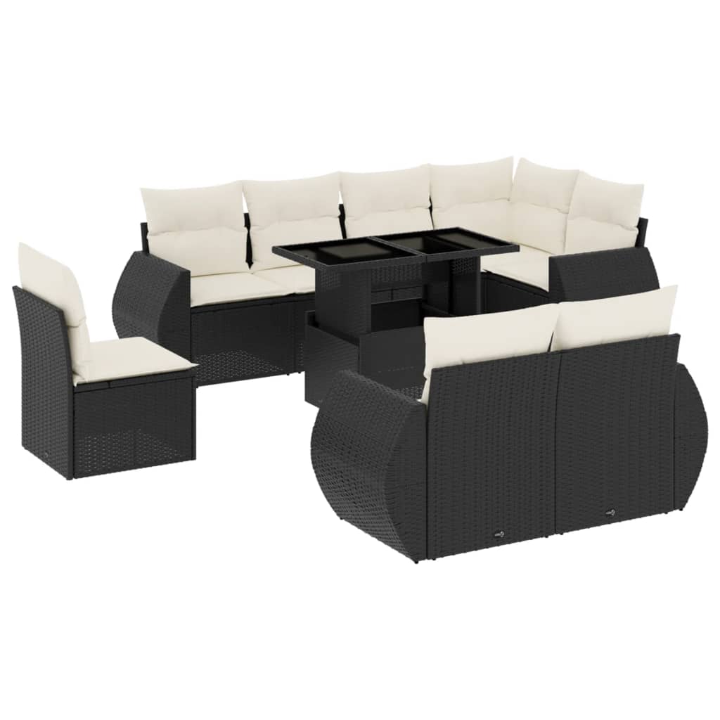Set mobilier de grădină cu perne, 9 piese, negru, poliratan GartenMobel Dekor