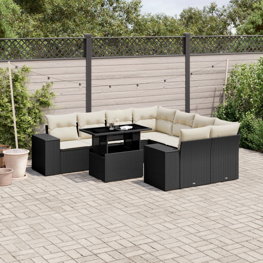 Set mobilier de grădină cu perne, 9 piese, negru, poliratan GartenMobel Dekor