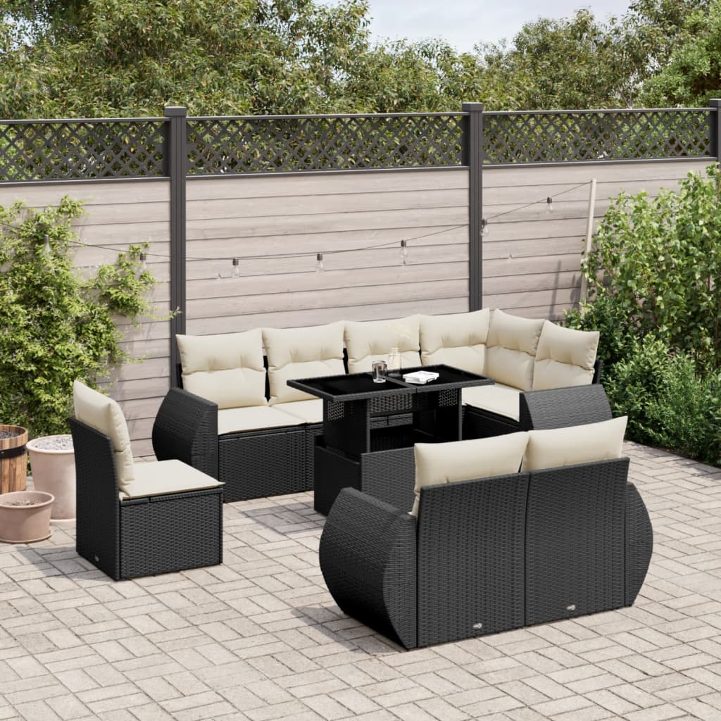 Set mobilier de grădină cu perne, 9 piese, negru, poliratan GartenMobel Dekor
