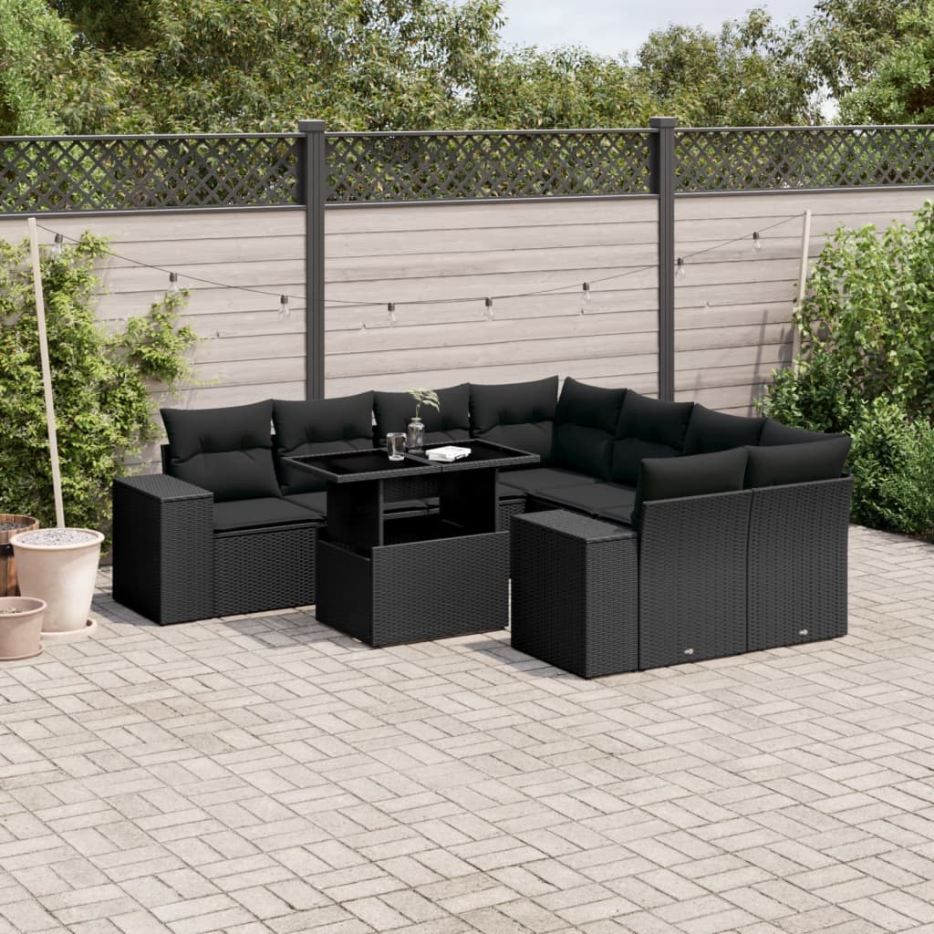 Set mobilier de grădină cu perne, 9 piese, negru, poliratan GartenMobel Dekor
