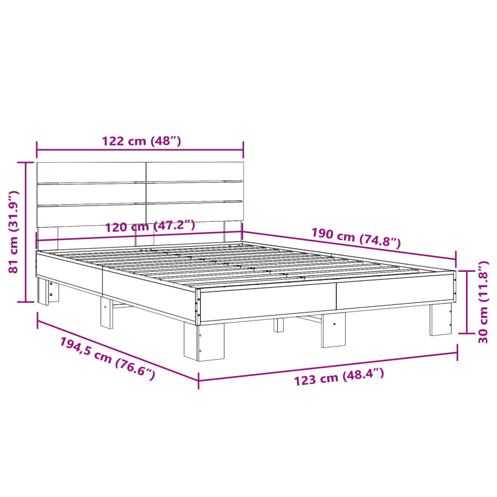Cadru de pat, gri sonoma, 120x190 cm, lemn prelucrat și metal GartenMobel Dekor