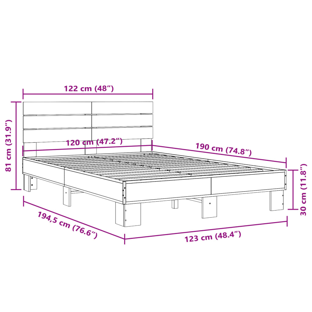 Cadru de pat, stejar afumat 120x190 cm lemn prelucrat și metal GartenMobel Dekor