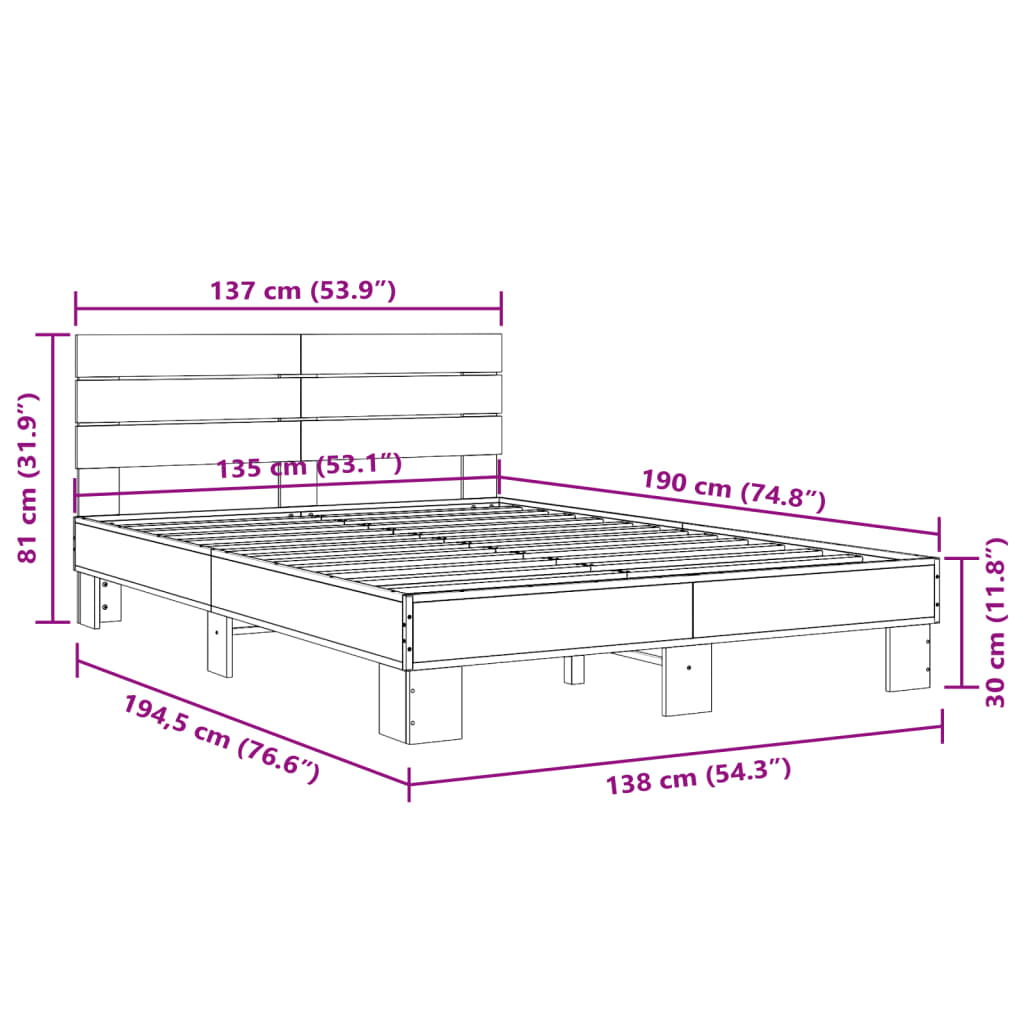 Cadru de pat, stejar afumat 135x190 cm lemn prelucrat și metal GartenMobel Dekor