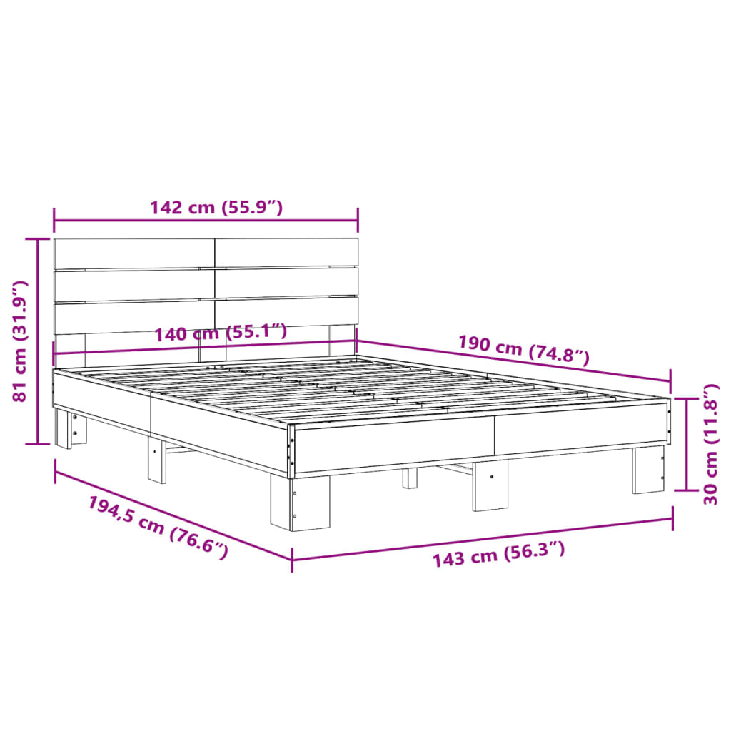 Cadru de pat, stejar afumat 140x190 cm lemn prelucrat și metal GartenMobel Dekor