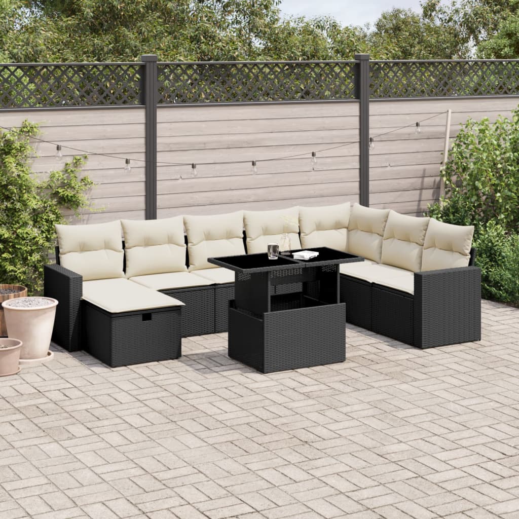 Set mobilier de grădină cu perne, 9 piese, negru, poliratan GartenMobel Dekor