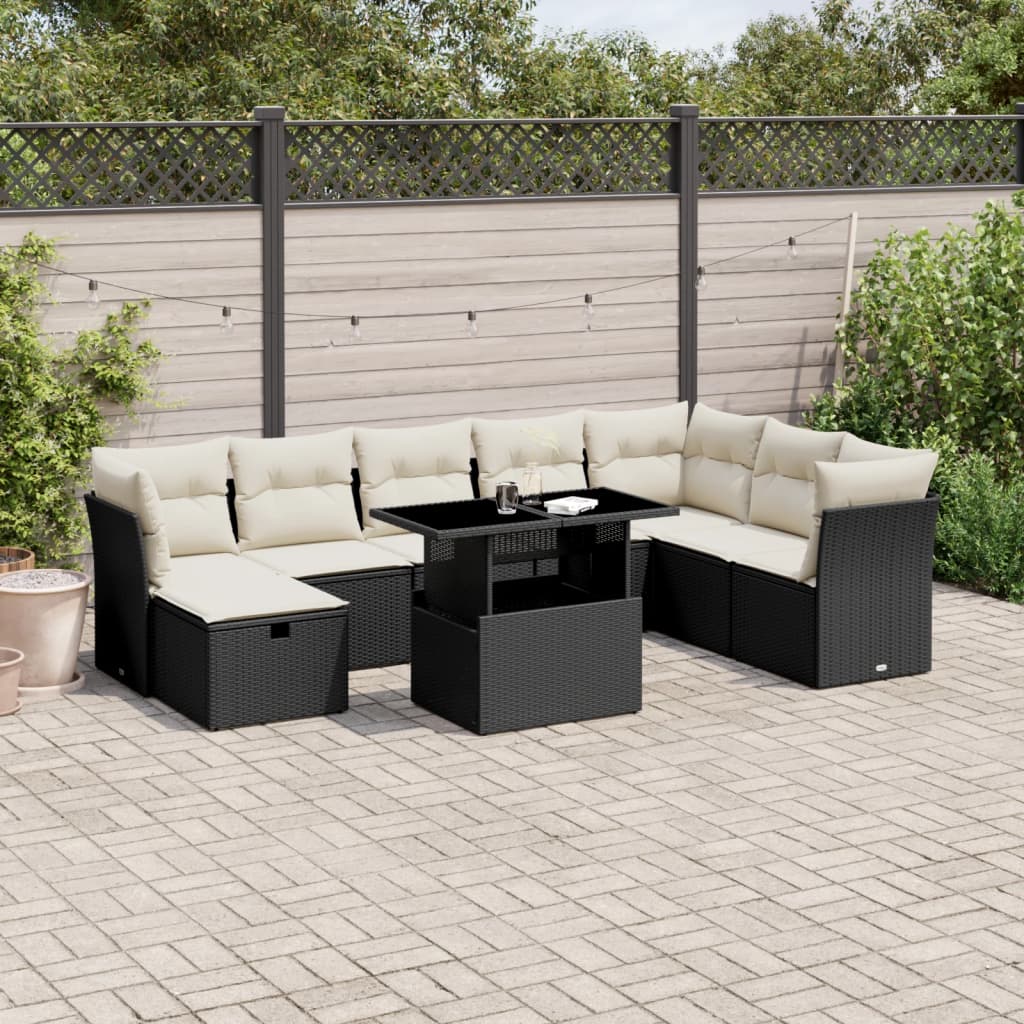 Set mobilier de grădină cu perne, 9 piese, negru, poliratan GartenMobel Dekor