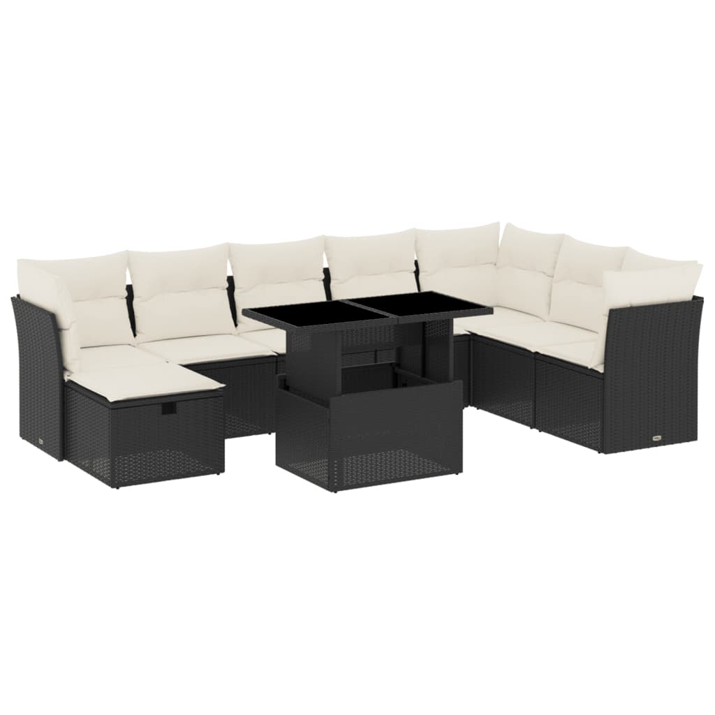 Set mobilier de grădină cu perne, 9 piese, negru, poliratan GartenMobel Dekor