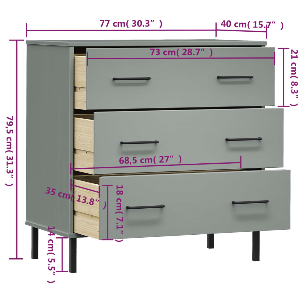 Servantă cu 3 sertare, gri, 77x40x79,5 cm, lemn masiv OSLO GartenMobel Dekor